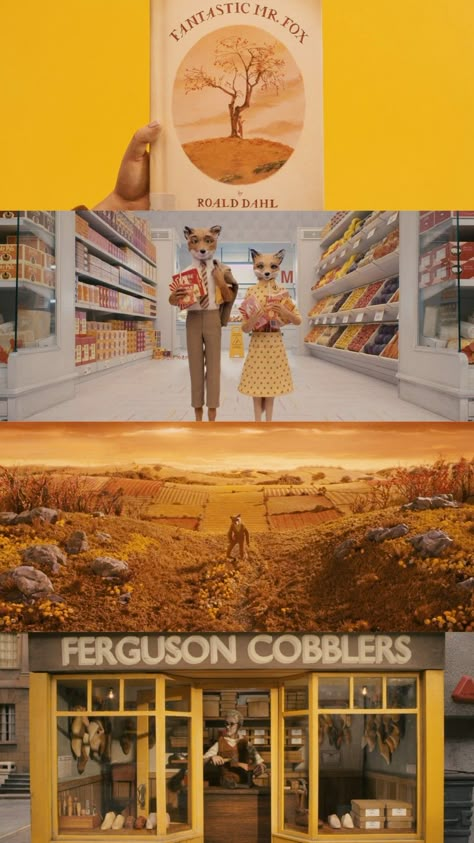 Wes Anderson Yellow Aesthetic, Wes Anderson Powerpoint, Wes Anderson Film Stills, Wes Anderson Poster Design, Fantastic Mr Fox Color Palette, Wes Anderson Aesthetic Colour Palettes, Wes Anderson Composition, Wes Anderson Scenes, Wes Anderson Shots