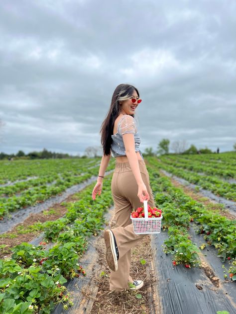 Strawberry Feild Pic, Strawberry Farm Photo Shoot, Farm Poses Picture Ideas, Fruit Picking Outfit Summer, Picking Strawberries Aesthetic, Strawberry Picking Outfit Aesthetic, Strawberry Picking Photoshoot, Berry Picking Photoshoot, Strawberry Patch Photoshoot