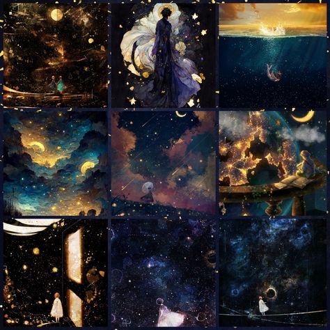 Blue And Gold Space Aesthetic, Mystical Mood Board, Night Color Palette Illustration, Space Moodboard Aesthetic, Moon Moodboard Aesthetic, Space Oc Art, Star Color Palette, Galaxy Moodboard, Star Moodboard