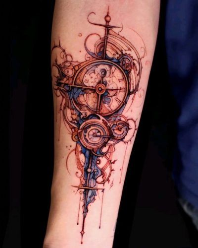 Explore 22 Unique Steampunk Tattoo Ideas for 2024: Victorian Elegance Meets Modern Mechanics Gear Tattoo Mechanical, Time Machine Tattoo, Steampunk Clock Tattoo, Time Tattoos For Men, Steam Punk Tattoo, Steampunk Tattoo Ideas, Clockwork Tattoo, Punk Tattoo Ideas, Steampunk Tattoo Design