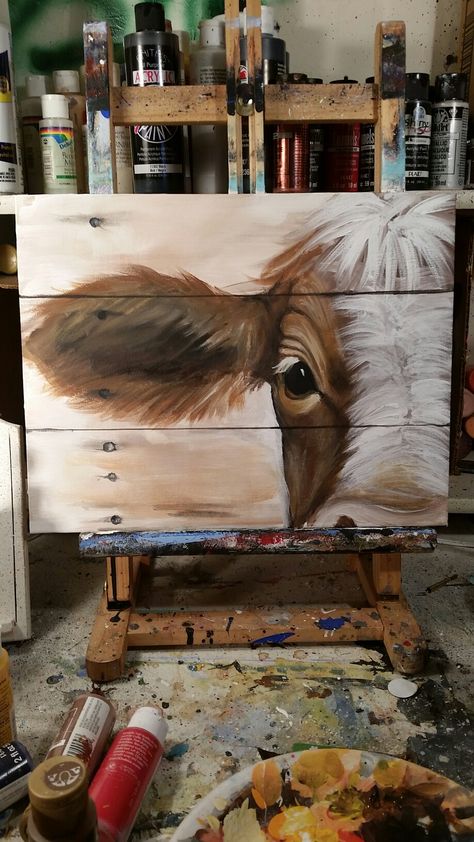 Fall Cow Painting, Farmhouse Animal Paintings, Diy Cow Painting Easy, Diy Cow Canvas Painting Easy, Cow Paintings On Canvas Easy, Western Diy Paintings, How To Paint A Cow Step By Step, Diy Cow Painting, Farm Animal Canvas Painting