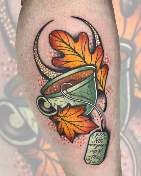 Cup Of Tea Tattoo, Tea Tattoo, Tattoos Traditional, Pumpkin Tattoo, Autumn Tattoo, Tattoo Portfolio, Classic Tattoo, Traditional Tattoo Flash, Tattoo Art Drawings