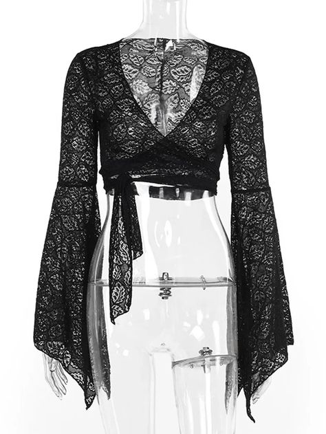 Victorian Goth Style Black Bell Sleeves Lace Tied Cardigan Retro Goth Outfits, Vampire Goth Clothes, Chic Goth Outfits, Goth Clothes Aesthetic, Clymene Moth, Goth Thrift, Goth Cardigan, Witchcore Fashion, Tied Cardigan