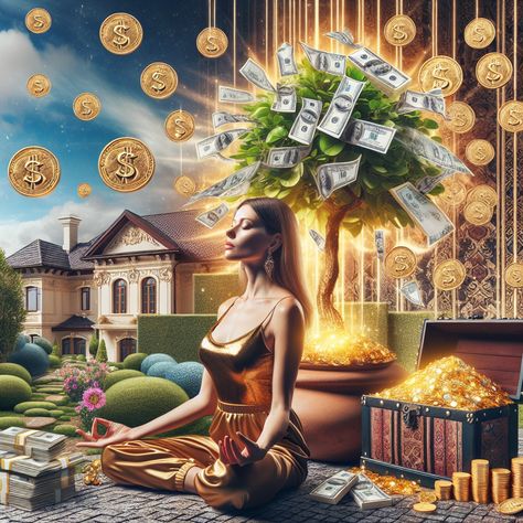 Experience the power of manifestation with our vibrant image of overflowing wealth. It features a meditator, with an aura speckled with treasures, showing money manifesting from thought. Learn more about wealth manifestations below! #WealthManifestation #LawOfAttraction #Meditation #FinancialFreedom #PositiveThinking #Visualisation Wealth Vision Board Money, Money Overflow, Dollars Money Wallpaper, Abundance Images, Zodiac Leo Art, Meditation Guide, Money Manifest, Money Prayer, Happy Money