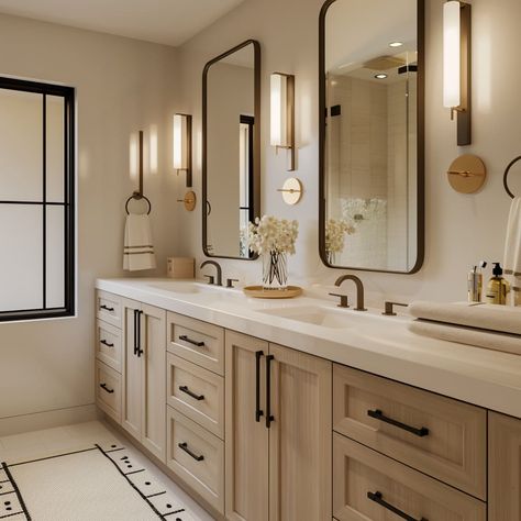 Master Bath Design Ideas Modern, His And Her Bathroom Vanity Ideas, California Master Bath, Master Bath Gold Hardware, Mid Century Farmhouse Bathroom, Jack And Jill Vanity Ideas, Beige Bathroom With Black Fixtures, Warm Bathroom Colors Earth Tones Master Bath, Updated Master Bath Ideas