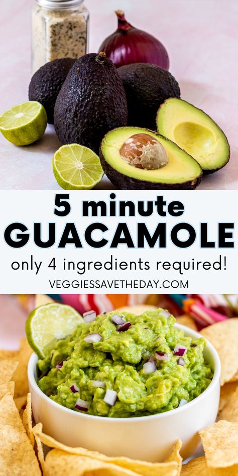 Avocado lovers in need of a quick and easy guacamole, look no further than this 4-ingredient recipe. In just 5 minutes, you'll have a delightful guacamole with a harmonious blend of flavors. So gather some ripe avocados, red onion, lime juice, and garlic salt, and let's create the BEST simple guacamole! Vegan Guacamole Recipe, Guacamole Recipe No Tomato, Avacodo Recipe Idea Healthy, Salsa Dishes, Chunky Guacamole Recipe, Vegan Avocado Recipes, Simple Guacamole, Guacamole Recipes, Spicy Guacamole