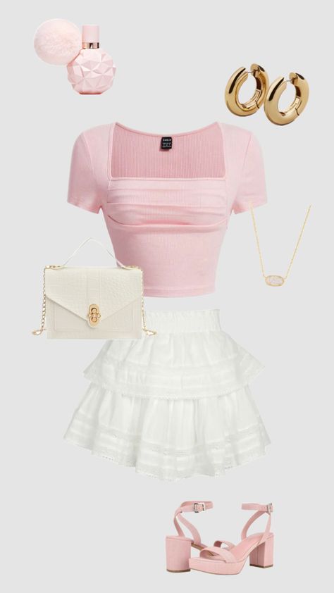 White Pink Aesthetic, Fancy Dinner Outfit, Pink Aesthetic Cute, Pink Girly Outfits, Formal Purse, Stylish Outfits Casual, Preppy Skirt, Skirt Heels, Cute Dress Outfits