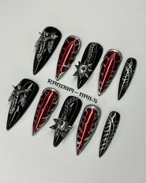 Red nails with black and silver #gothnails #gothicnails #spidernails #lacenails #ornamental #ornamentalnails #spookynails #cathedralnails #rednails #redandblacknails Red Black Silver Nails, Black Red And Gold Nails, Nails With Black And Silver, Red Nails With Black, Black Silver Nails, Nails With Black, Red And Gold Nails, Gothic Nails, Lace Nails