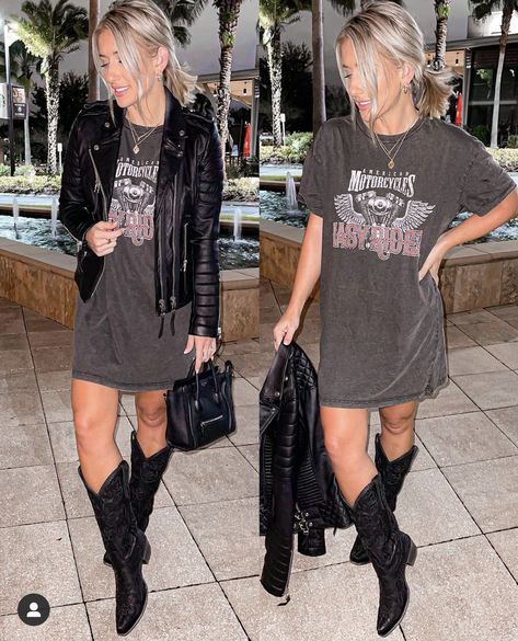 Nashville Style Outfits, Outfit Biker, Tshirt Dress Outfit, Outfit Botas, Girls Night Out Outfits, Shirt Dress Outfit, Looks Country, Nashville Outfits, Western Style Outfits