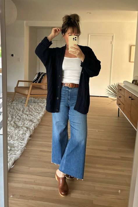 Causal Outfits With Jeans, Wide Leg Pants With Clogs, Idea Of You Outfits, 40 Something Style, Mom Street Style Casual, Casual Jeans Outfit Midsize, Wide Leg Jeans And Clogs, Madewell Style Outfits, Anthropology Outfit Ideas