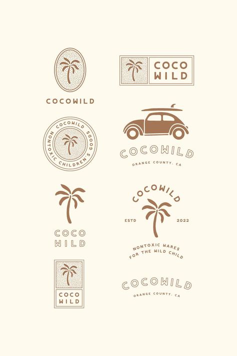 A set of 8 beachy logo designs for a nontoxic children's goods store named cocowild. The logos are brown and the background is beige. Most logos feature a palm tree illustration. One logo features a vintage vw bug with a surfboard on top. The text says different variations of the following: coco wild; nontoxic children's goods; nontoxic wares for the wild child; established in 2022; orange county, california. Beachy Fonts, Beachy Logo, Newspaper Design Inspiration, Surf Shop Logos, Free Business Logo, California Logo, Summer Font, Summer Logo, Surf Logo