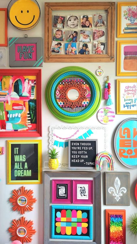 Bright Hallway Ideas, Mixed Media Furniture, Bright Hallway, Kids Gallery Wall, Colouring Wall, Colourful Living Room Decor, Maximalist Design, Maximalist Wall Art, Colourful Living Room