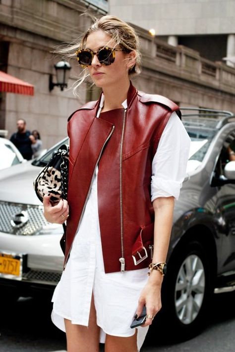 How To Elevate A White Shirtdress Looks Street Style, Mode Inspo, White Shirt Dress, Leather Vest, Street Chic, Looks Style, Mode Inspiration, Street Styles, Look Fashion