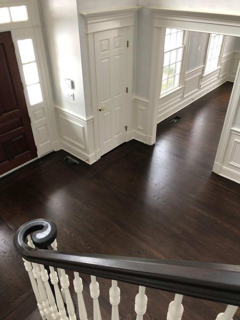 This floor received a stunning makeover by New England Custom Floors! They first applied Tobacco and Cocobolo Pro Floor Stain before applying Pro Sealer and sealing with Pro Shield Flooring Topcoat. Dark Wooden Floor, Cabin Loft, Floor Makeover, Victorian Floor, Hardwood Floors Dark, Wood Finishing, Floor Stain, Refinishing Floors, General Finishes