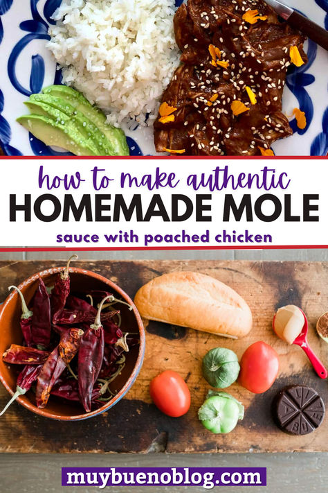 Homemade Mole Sauce: Learn how to make authentic homemade mole sauce with poached chicken for dinner. THis is loaded with diced tomatoes, tomatillos, peppers, chocolate and more. The ultimate Mexican cuisine to make at home. How To Make Mole Sauce, Mole Recipe Mexican Authentic, Easy Mole Sauce, Mole Enchiladas Recipe, Mole Recipe Mexican, Mexican Chicken Mole, Chicken Mole Recipe, Bueno Recipes, Mole Recipe