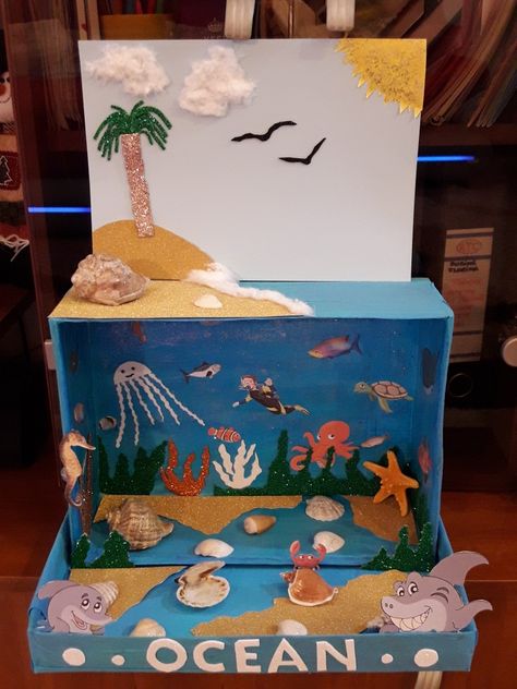 Beach Diarama Ideas Kids, Marine Ecosystem Project, Ocean Diaroma Ideas, Fake Aquarium Diy, Ocean Habitat Project For Kids, Ocean Diorama Project Under The Sea, Ocean Ecosystem Project, Habitat Project, Ocean Diorama