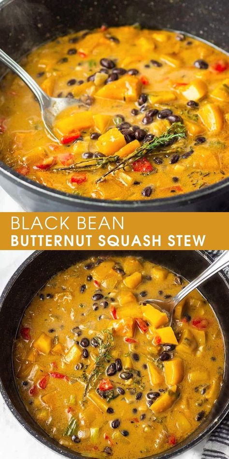 Vegan Black Beans, Black Bean Butternut Squash, Squash Stew, Butternut Squash Stew, Healthy Stew, Healthy Beans, Butternut Squash Recipes, Vegetarian Recipe, Vegan Soups