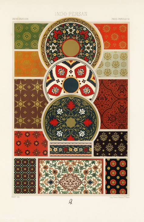 Indo-Persian pattern from L'ornement Polychrome (1888) by Albert Racinet (1825–1893). Digitally enhanced from our own original 1888 edition. Winter Shawls, Desain Buklet, Persian Miniature, Free Illustration Images, Art Ancien, Ancient Egyptian Art, Rustic Frames, Persian Pattern, Pattern Ideas