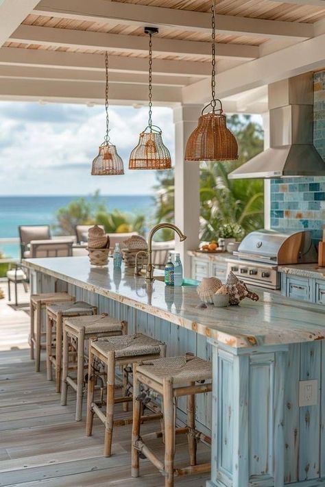 Aesthetic Beach House Kitchen, Summer House Kitchen Ideas, Summer Kitchen Ideas Outdoor, Beach Outdoor Kitchen, Outdoor Beach Bar Ideas, Lanai Bar Ideas Florida, Pool Kitchen Outdoor, Outdoor Pool Kitchen, Coastal Outdoor Kitchen