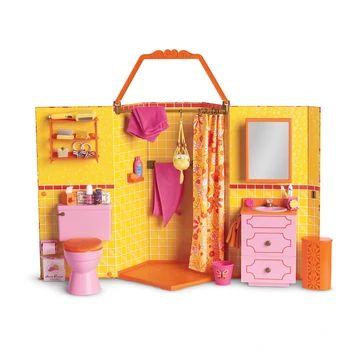 Groovy Bathroom, Doll Bathroom, American Girl Julie, American Girl Doll Sets, Girl Bathroom, Pink Vanity, American Girl Doll Accessories, Doll Beds, Towel Wrap