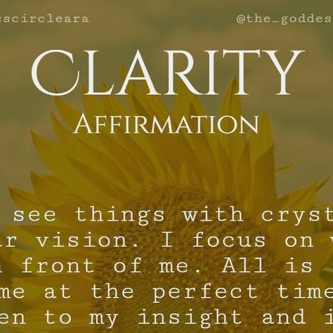 C. Ara Campbell on Instagram: "CLARITY AFFIRMATION "I see things with crystal clear vision. I focus on what is in front of me. All is shown to me at the perfect time. I listen to my insight and inner wisdom to guide me. I am open to messages from the Universe." ~Ara ❇️Use Amethyst, Citrine, Golden Healer Quartz, Fluorite & Clear Quartz for clarity & focus 💎Find these Clarity crystals in my Etsy shop, shop link in IG bio @the_goddess_circle_ara --- Writing (c) C. Ara Campbell, please credit - Affirmations For Clarity, Clarity Affirmations, Goddess Circle, Golden Healer Quartz, Ig Bio, Golden Healer, Witch Craft, Inner Wisdom, Focus On Me