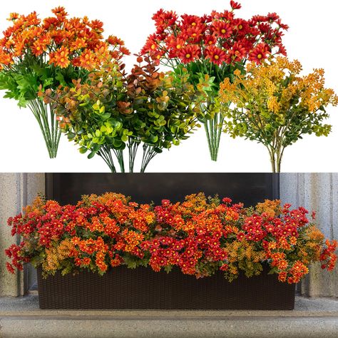 PRICES MAY VARY. 【Budget-Friendly Variety】:Each package contains 4 different kinds of artificial greeneries, which totally has 15 pcs. You can combine or divide them any way you like to create a vibrant corner and add a fresh looking to you house. 【High Quality】:These outdoor fall decor artificial greenery pieces are crafted from high-quality plastic with discreetly hidden iron wire, ensuring a realistic appearance and extended durability. 【Low Maintenance & UV-Resistant】:Made from artificial ma Faux Fall Window Boxes Ideas, Fall Window Boxes Mums, Fall Front Porch Planters, Fake Fall Flower Arrangements Outdoor, Fake Fall Flowers Outdoors, Flower Boxes Outside, Fall Planters Artificial, Window Box Fall Decor, Faux Outdoor Plants Front Doors