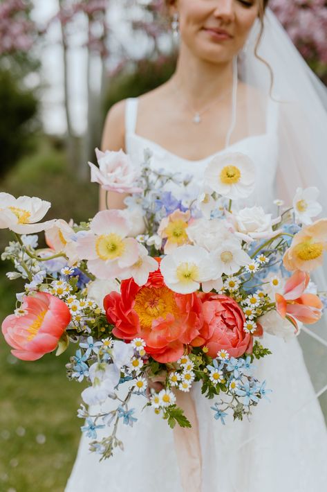 Arbor Florals Wedding, Hand Tied Wedding Bouquet, Poppies Wedding Bouquet, Colourful Bouquet Wedding, Wedding Bouquet Poppies, Peony And Poppy Wedding Bouquet, Poppy Wedding Flowers, Poppy And Peony Bouquet, Wedding Theme Dress