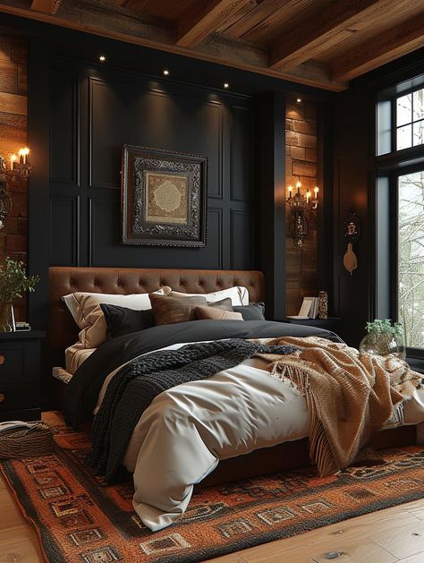 Glam Bedroom Decor, Masculine Bedroom, Feminine Bedroom, Black Interior Design, Glam Bedroom, Dark Bedroom, Casa Country, Dark Home Decor, Casa Vintage