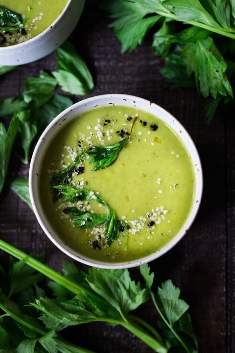 A healing bowl of Celery Soup- comforting, affordable and flavorful, that can be made in  35 minutes. Healthy, delicious and vegan adaptable! #celerysoup #celerysoup #vegan #vegansoup #healthysoup Vegan Soups, Sup Sayur, Cooking Herbs, Celery Soup, Vegan Soup, Healthy Delicious, Healthy Soup, Healthy Nutrition, Nutrition Recipes