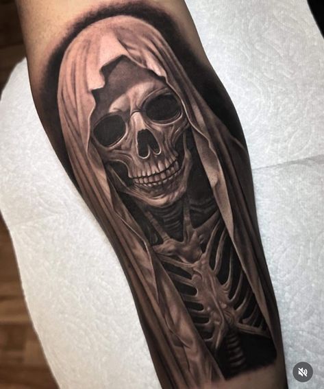 Reaper Back Tattoo, Grim Reaper Tattoo Designs, Santa Muerte Tattoo For Men, Angel Holding Skull Tattoo, Santa Muerte Tattoo Stencil, Santa Muerte Tattoo, Skull Spider Tattoo Design, Grim Reaper Virgin Mary Tattoo, Small Santisima Muerte Tattoo