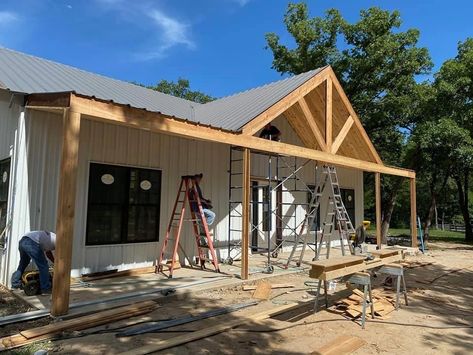 Front Porch Roof Ideas Ranch Style, Mobile Home Porch Addition, Full Length Covered Front Porch, Rambler Front Porch Ideas, Modular Front Porch Ideas, Manufactured Home Front Porch Addition, Back Porch On Ranch Style House, Covered Porch On Ranch Style Home, Back Porch Remodel Before And After