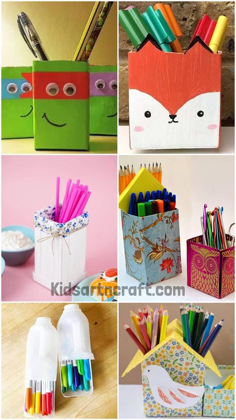 Milk Carton Pencil Holder Crafts Small Milk Carton Crafts, Cardboard Milk Carton Crafts, Pencil Box Craft, Pencil Holders Diy Kids, Repurpose Containers, Pencil Holder Craft, Pencil Holder Diy, Random Activities, Pencil Case Crafts