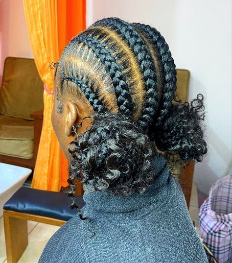 Stitch Braid Curly Bun, 2 Braided Ponytails With Curly Ends, Feed Ins With 2 Curly Buns, 4 Braids Cornrows 2 Buns, Feed In Braids Into Two Buns, Bohemian Stitch Braids Bun, 4 Braids To The Back With Bun, 2 Braids With Buns In Back, 2 Buns Braided Hairstyles Black