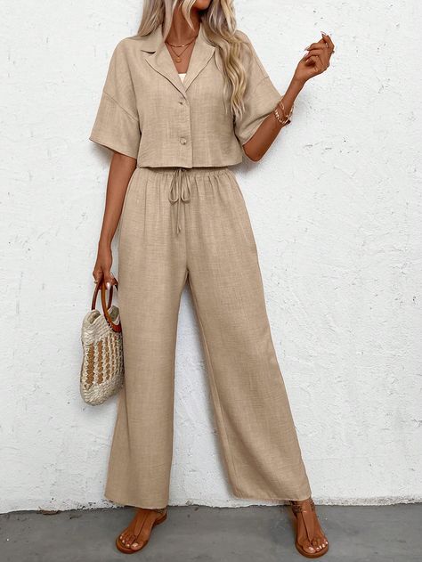 SHEIN LUNE Women's Holiday Linen Short Sleeve Shirt And Pants Set For LeisureI discovered amazing products on SHEIN.com, come check them out! Button Knot, Shirt And Pants Set, Drop Shoulder Shirt, Linen Crop Top, Linen Short Sleeve, Khaki Fashion, Jeans Cargo, Linen Short, Blouse Pants