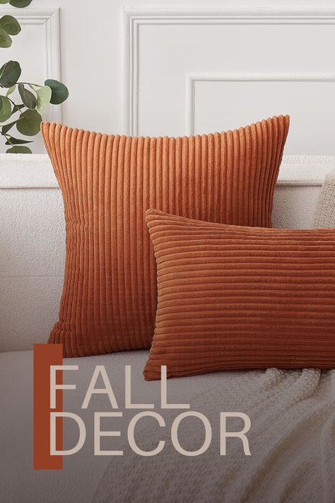 🍂 Elevate your fall decor with our Rust Fall Corduroy Pillow Covers! 🍂 This pack of 2 soft, boho-inspired striped pillow covers adds warmth and style to your sofa, bedroom, or couch. 🧡✨ Get cozy this autumn season with these decorative 18x18 inch cushion cases. 🍁🏡 #FallDecor #HomeSweetHome #CozyVibes" Corduroy Pillow, Boho Chic Fall, Bedroom Couch, Fall Decor Inspiration, Stripe Throw Pillow, Striped Throw, Striped Pillow, Autumn Season, Sofa Bedroom