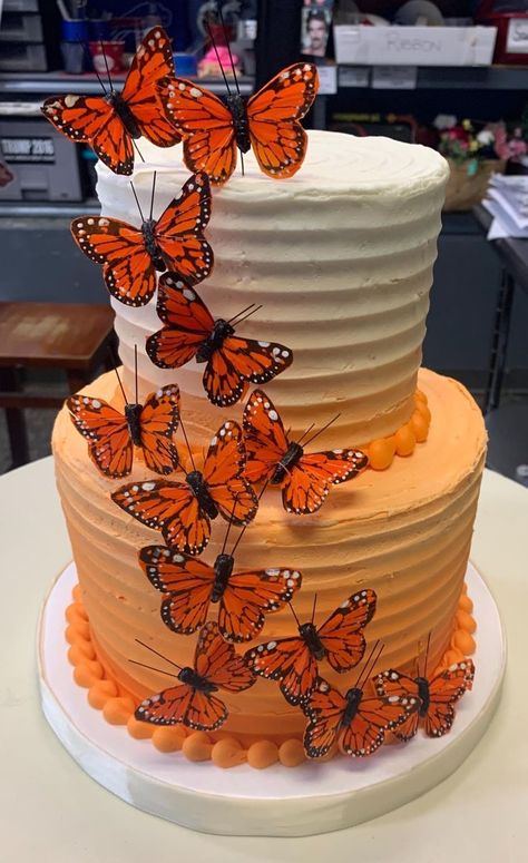 Orange Birthday Cake, 18th Party Ideas, Wedding Decorations Diy Centerpiece, Tiered Cakes Birthday, Butterfly Birthday Cakes, Orange Birthday, 16 Cake, Butterfly Cake, Sweet 16 Cakes