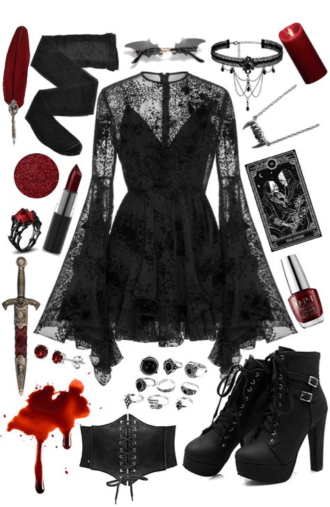 Goth Outfit Accessories, Witchy Vampire Outfits, Halloween Outfits Goth, Witchy Bachelorette Party Outfit, Vampire Aesthetic Outfit Halloween, Goth Romantic Aesthetic, Wednesday Addams Inspired Nails, Elvira Inspired Outfits, Romantic Goth Outfits Dresses