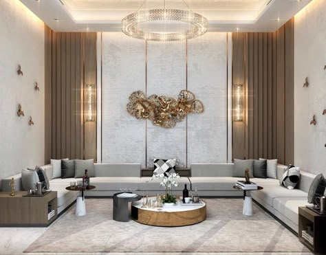 Neoclassic Ground Floor Reception in Kuwait City on Behance Guest Bathroom Design, Drawing Room Design, Drawing Room Interior, Drawing Room Interior Design, Drawing Room Decor, Wall Decoration Ideas, Luxury Living Room Design, Living Room Partition Design, Room Partition Designs