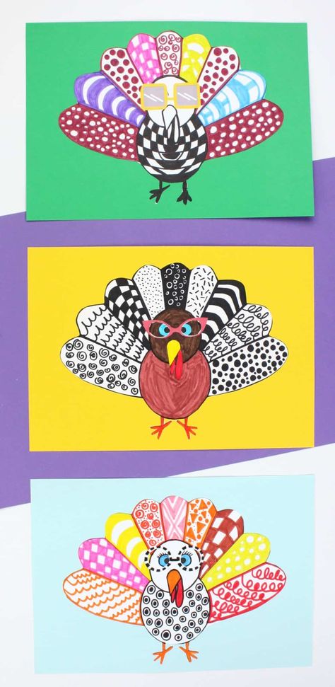 Crazy Turkey Art With Printable Turkey Template - Emma Owl Turkey Doily Craft, 2nd Art Projects, Thanksgiving Art For Kindergarteners, Turkey Elementary Art Projects, November Art Crafts For Kids, Art For Junior High, Thanksgiving Art Grade Two, Second Grade Thanksgiving Art Projects, Thanksgiving Art Projects 3rd Grade