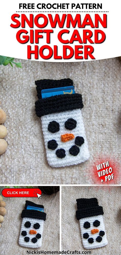 This holiday season, make an adorable crochet snowman gift card holder to give a handmade touch to a plain gift card. This sweet little guy is quick and easy to make for crocheters of any skill level! Get this and 23 other crochet gift ideas in the 2023 Advent Calendar Mystery Crochet Along from Nicki's Handmade Crafts! #christmascrochetideas #crochetsnowman #giftcardholder Gif Card, Card Holder Pattern, Crochet Snowman, 17 December, Snowman Gifts, Christmas Patterns, Card Pouch, Yarn Stash, Christmas Crochet Patterns