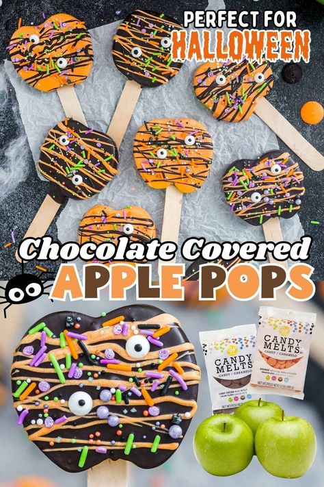 Halloween Chocolate-Covered Apple Pops are a healthier holiday snack on a stick. Featuring fresh apple slices, chocolate, and sprinkles, Halloween crafts are always fun when kids can help dip and decorate their desserts! Chocolate Apple Slice Pops, Halloween Apple Treats, Halloween Healthy Treats, Apple Recipes For Toddlers, Chocolate Apple Slices, Chocolate Covered Apples Slices, Apple Pops, Caramel Apple Slices, Halloween Candy Apples