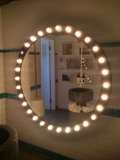 Fab oversized round mirror w carrousel lighting ... Round Bulb Mirror, Circle Vanity Mirror With Lights, Circle Mirror Ideas, Circle Mirror With Lights, Circle Light Mirror, Oversized Round Mirror, Bulb Mirror, Diy Vanity Mirror, Bedroom Eclectic