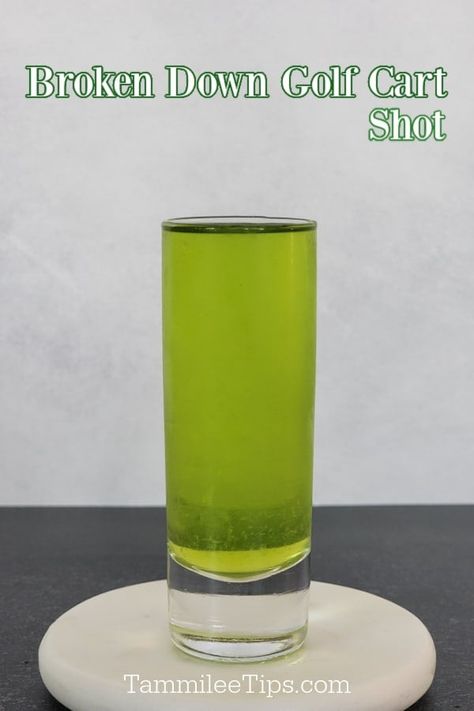 Easy Broken Down Golf Cart Shot is a great bright green cocktail shot that only takes a few ingredients. Really easy to make. A great St. Patrick's Day Cocktail shot or Christmas Cocktail. Broken Down Golf Cart Drink, Green Drinks Alcohol, Pickle Martini Recipe, Tequila And Sprite, Incredible Hulk Drink, Tootsie Roll Shot, Green Cocktails, Shooter Recipes, Fun Party Drinks