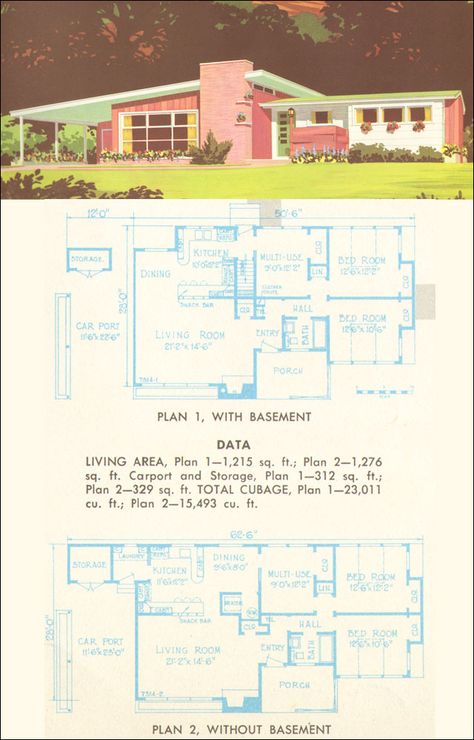 50s Style House Exterior, 1950s Houses, Retro House Exterior, Mid Century House Plans, 50s House, Oasis Springs, Mid Century Modern House Plans, Porch Plans, Modern Floor Plans