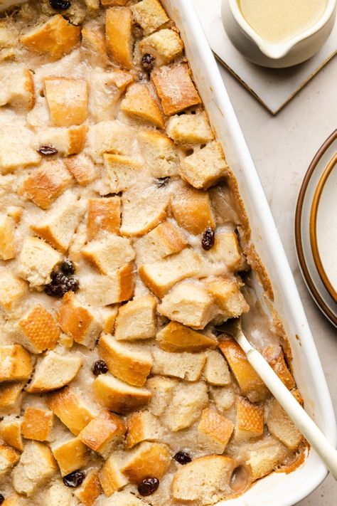 A scoop of this bourbon glaze-covered Vegan Bread Pudding is sure to make your day better! It’s a soft on the inside, crisp on the outside dessert that’s easy to make and very decadent. You won’t even notice it’s dairy and egg free! Vegan Bread Pudding, Bread Pudding Recipe Easy, Bread Pudding Recipes, Bread Pudding Dessert, Holiday Recipes Christmas Desserts, Pudding Desserts Recipes, Bread Pudding Easy, Vegan Bread Recipe, Pumpkin Bread Pudding