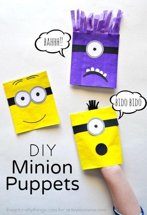 DIY Minion Puppets for Kids made with an Envelope. Great kids craft for pretend play and to go along with the new Minions movie. Minion Diy, Homemade Puppets, Minion Craft, Diy Minions, Movie Crafts, Patriotic Diy, Paper Bag Crafts, Puppets For Kids, Animal Crafts For Kids