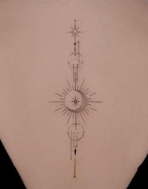 Rate This celestial spine tattoo ideas From ⭐1~10.  SAVE & FOLLOW i will update everyweek. Celestial Spinal Tattoo, Back Tattoo Women Celestial, Sun Moon Star Spine Tattoo, Off Center Back Tattoos Women, Moon Phase Tattoos For Women, Spine Tattoo Sun And Moon, Moon And Sun Spine Tattoo, Back Tattoo Sun And Moon, Geometric Celestial Tattoo