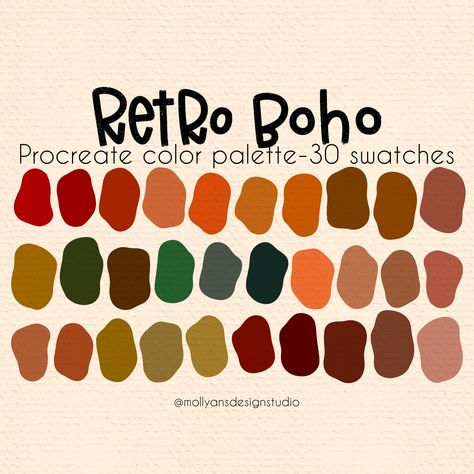 The Retro Boho Procreate Color Palette! Procreate color palettes are a perfect way to keep cohesive colors organized right at your finger tips while using the Procreate app.  This is a handpicked color palette made up of my favorite colors for you to enjoy! After you purchase, you'll download the file from Safari NOT the Etsy app. Once the files are downloaded and you open the file, the palette will automatically import into Procreate! You will find this palette ready to go in your Procreate pal Earthy Retro Color Palette, 70s Colors Palette, Goblin Color Palette, 90s Color Palette Grunge, Retro Western Color Palette, 70s Aesthetic Color Palette, Retro Boho Color Palette, Boho Retro Aesthetic, Afrocentric Color Palette