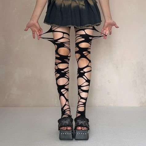 Black Ripped Tights #moodymumu #ripped #grunge Black Ripped Tights, Ripped Fishnets, Scene Fit, Ripped Tights, Retro Coquette, Goth Stuff, Dark Punk, Countries In Europe, Punk Shoes