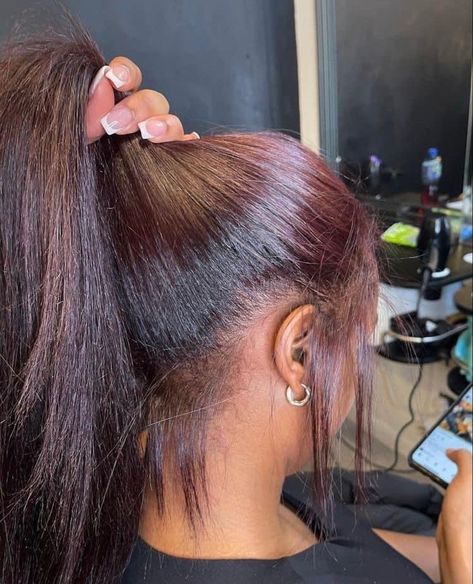 Dark Maroon Hair With Highlights, Red Rinse On Black Hair Natural, Burgundy Hair Dye, Pressed Natural Hair, Straightening Natural Hair, Silk Press Natural Hair, Wine Hair, Dyed Hair Inspiration, Dyed Natural Hair